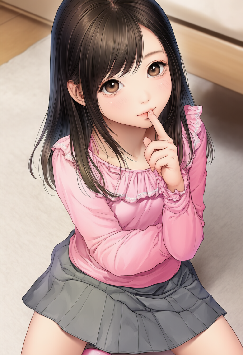 ピンクのシャツの女の子人差し指