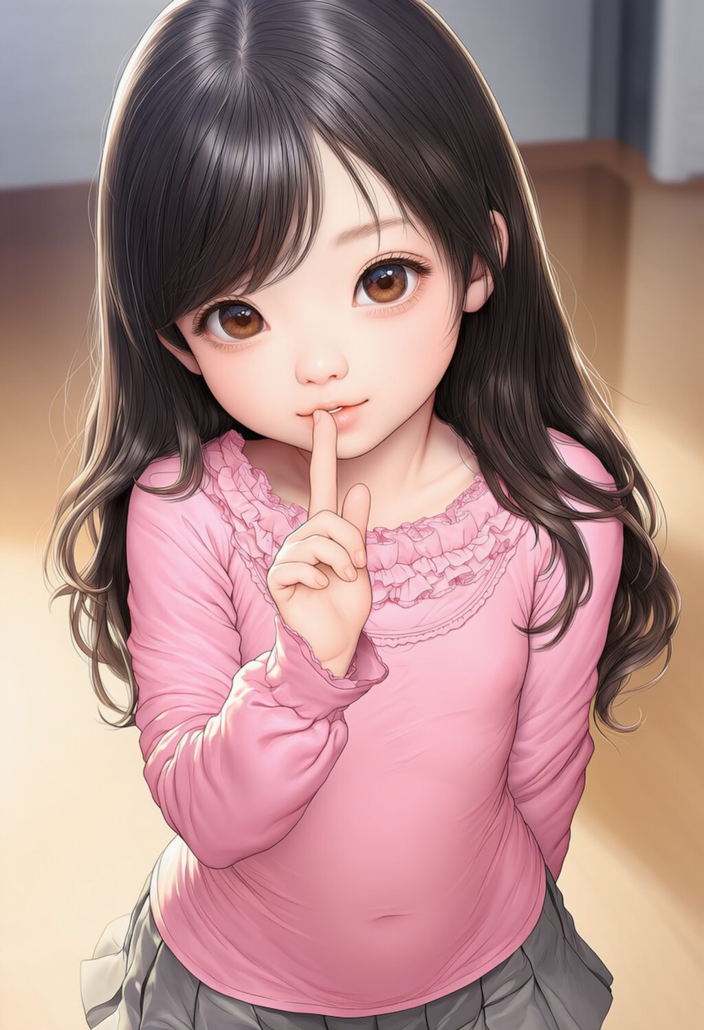 ピンクのシャツの女の子人差し指