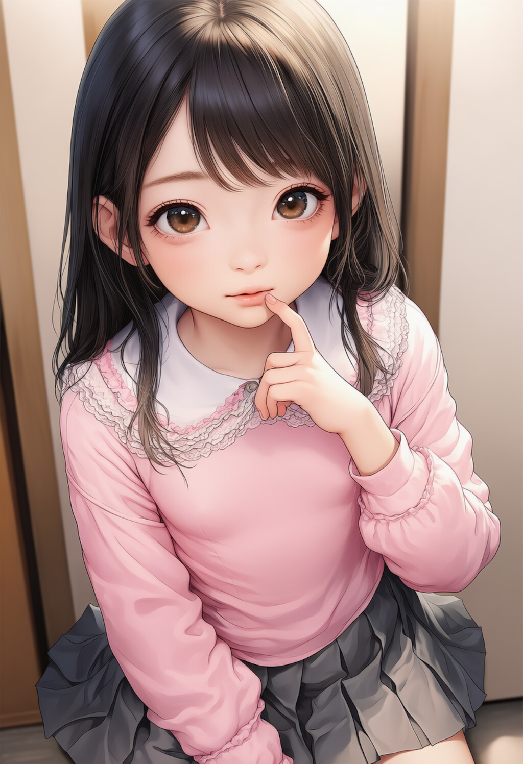 ピンクのシャツの女の子人差し指