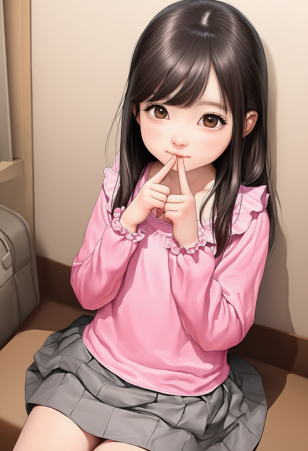 ピンクのシャツの女の子人差し指