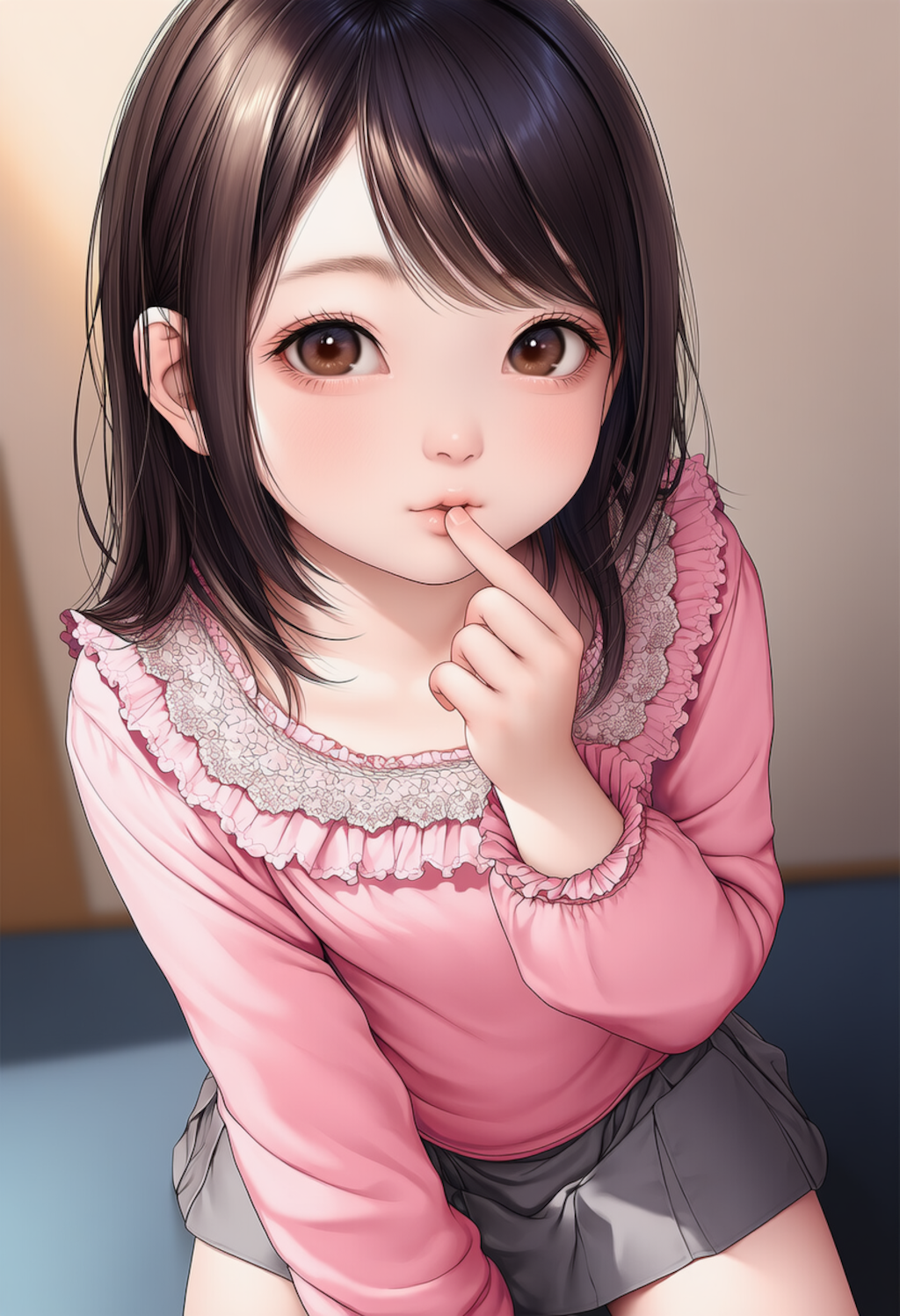 ピンクのシャツの女の子人差し指