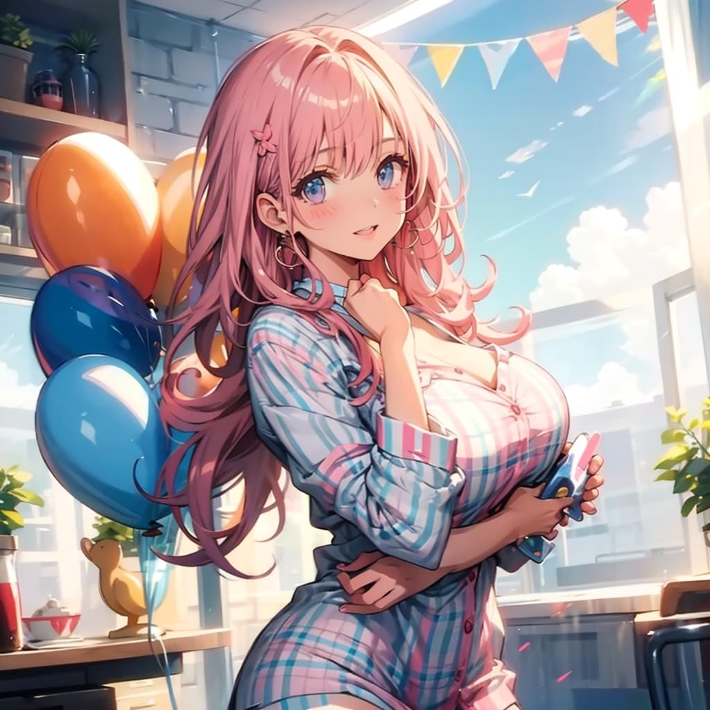 色とりどりの風船を持つチェック柄パジャマ着たピンク髪ロングの美女