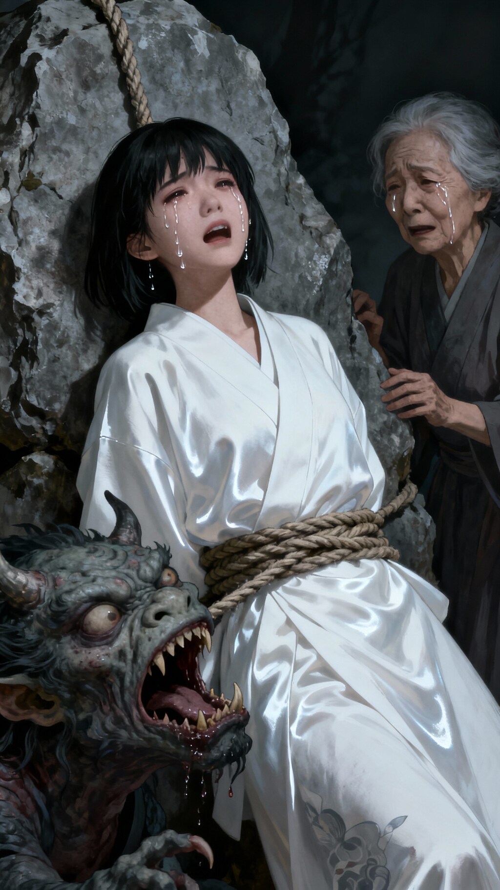 襦袢を着て化け物の生贄に捧げられる美少女
