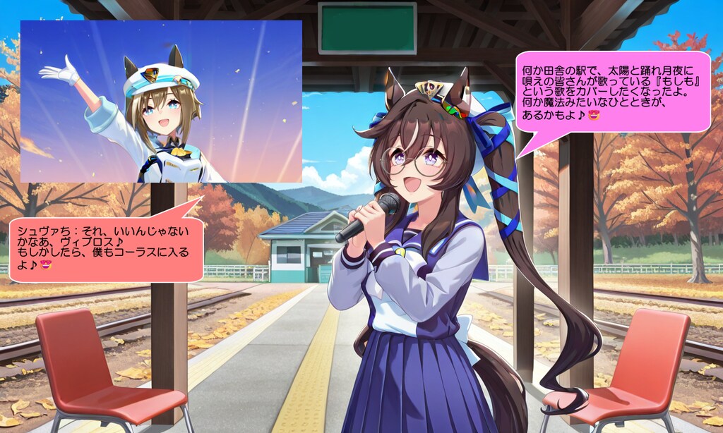 ウマ娘・ヴィブロス、田舎の駅のホームで歌を歌う