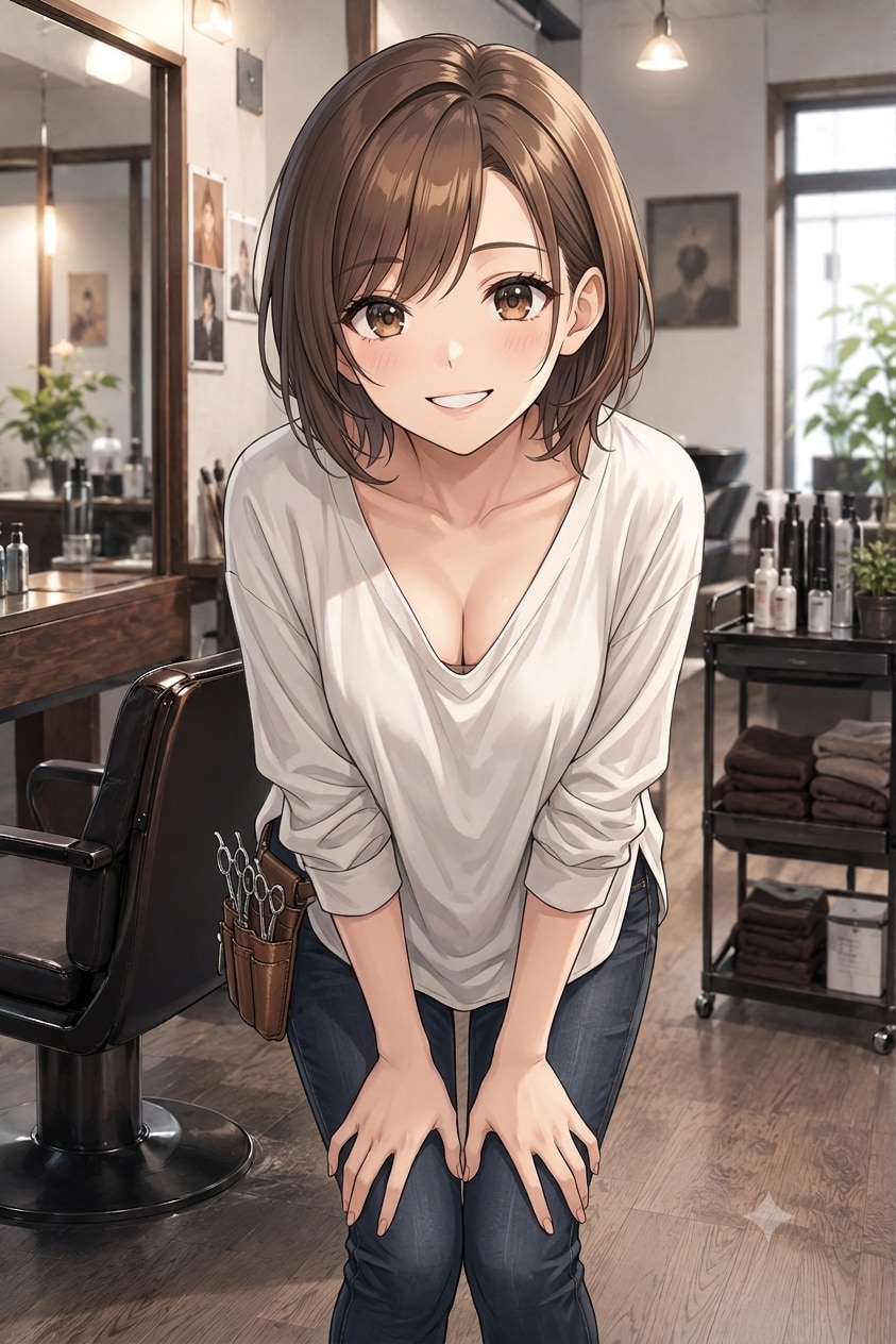 髪のチェックをしている美容師さん