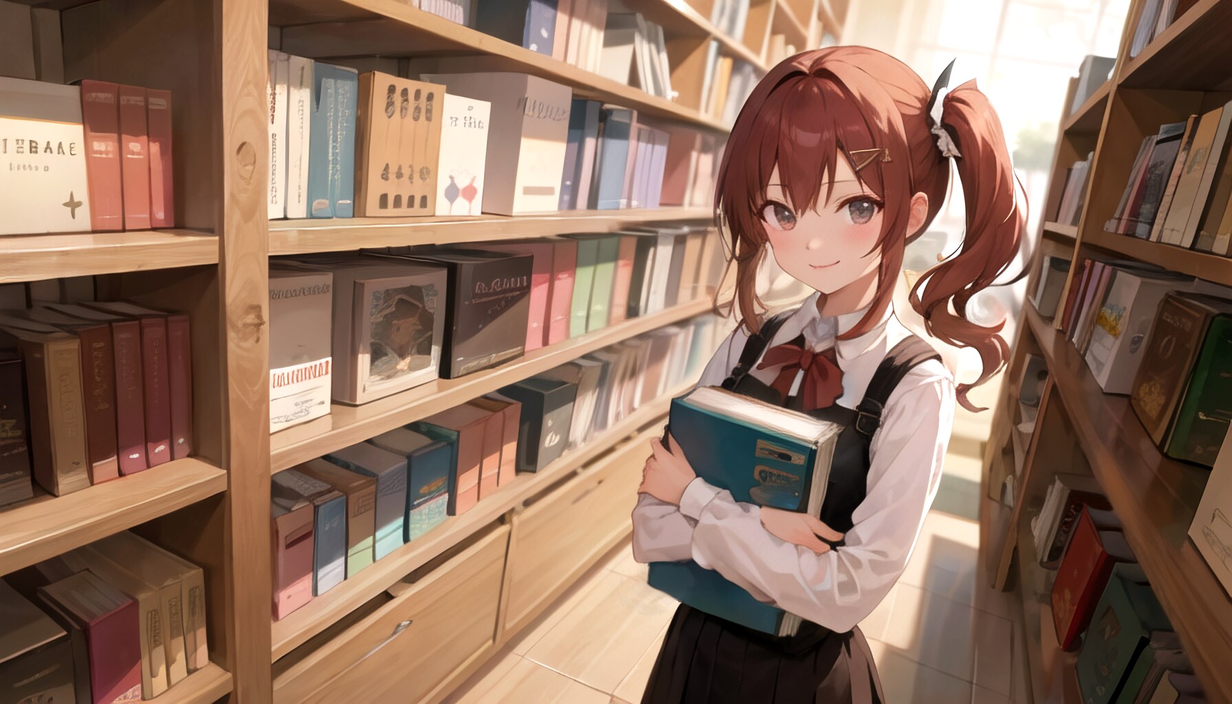 図書館で本を借りる女子