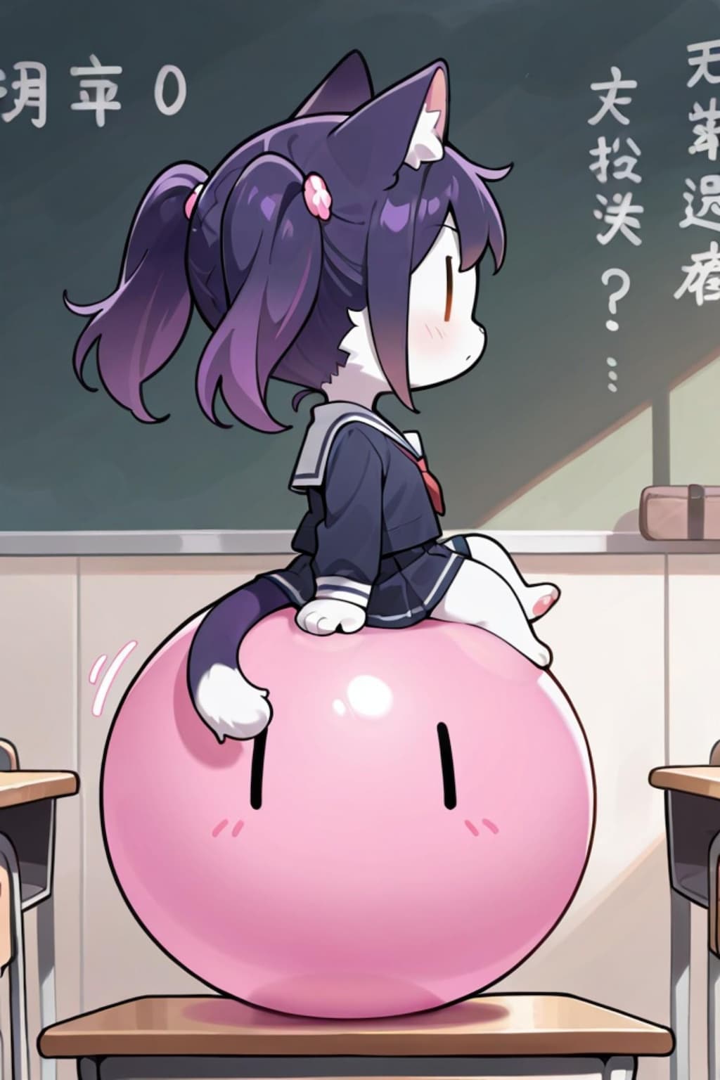 バランスボールに座る紫髪ちゃん