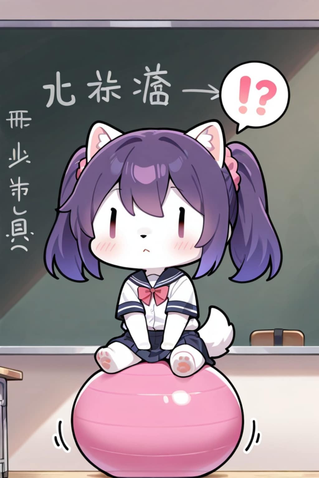 バランスボールに座る紫髪ちゃん