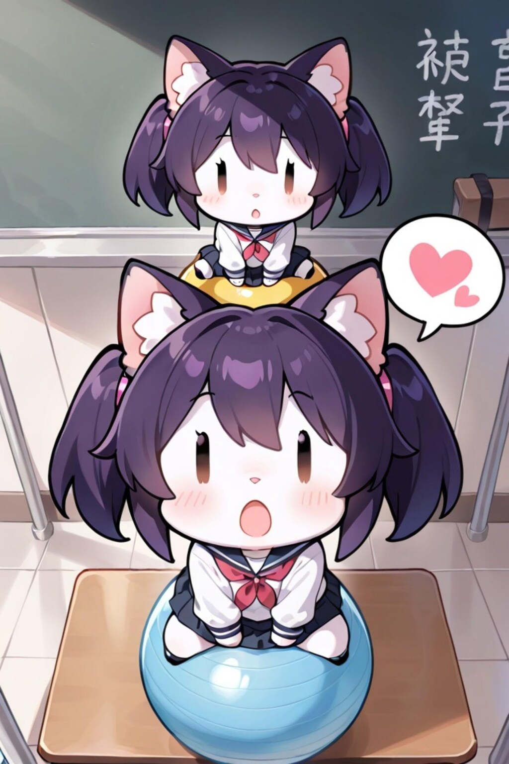 バランスボールに座る紫髪ちゃん