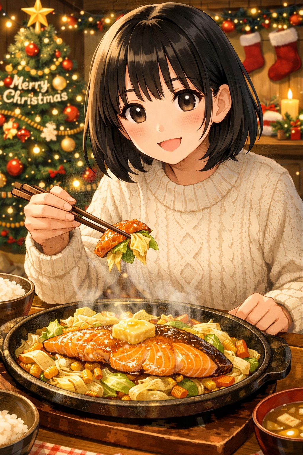 クリスマスに鮭のちゃんちゃん焼きを食べている女の子 | の人気AIイラスト・グラビア