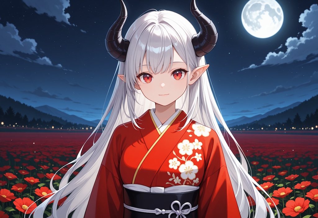 月と赤い着物と銀髪竜姫さん