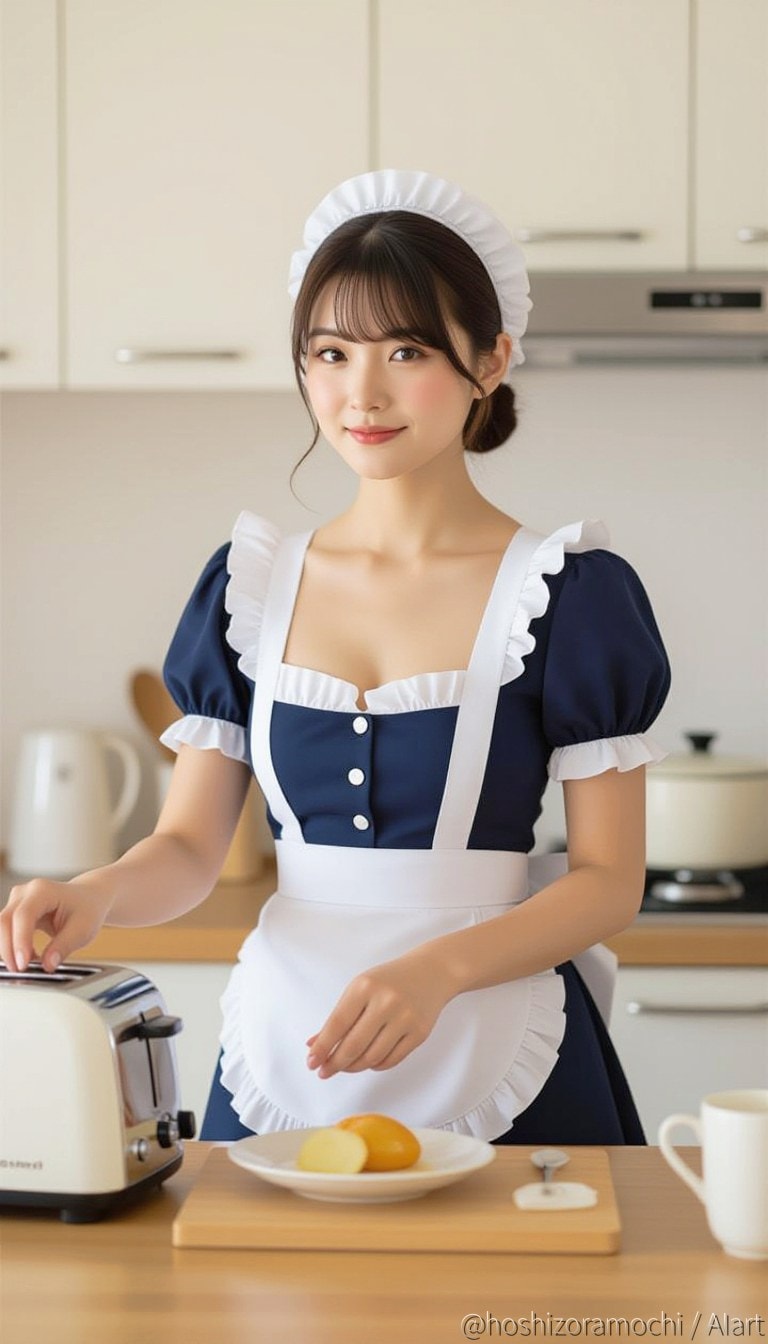 朝の始まり ― 紺メイドと光のキッチン | の人気AIイラスト・グラビア