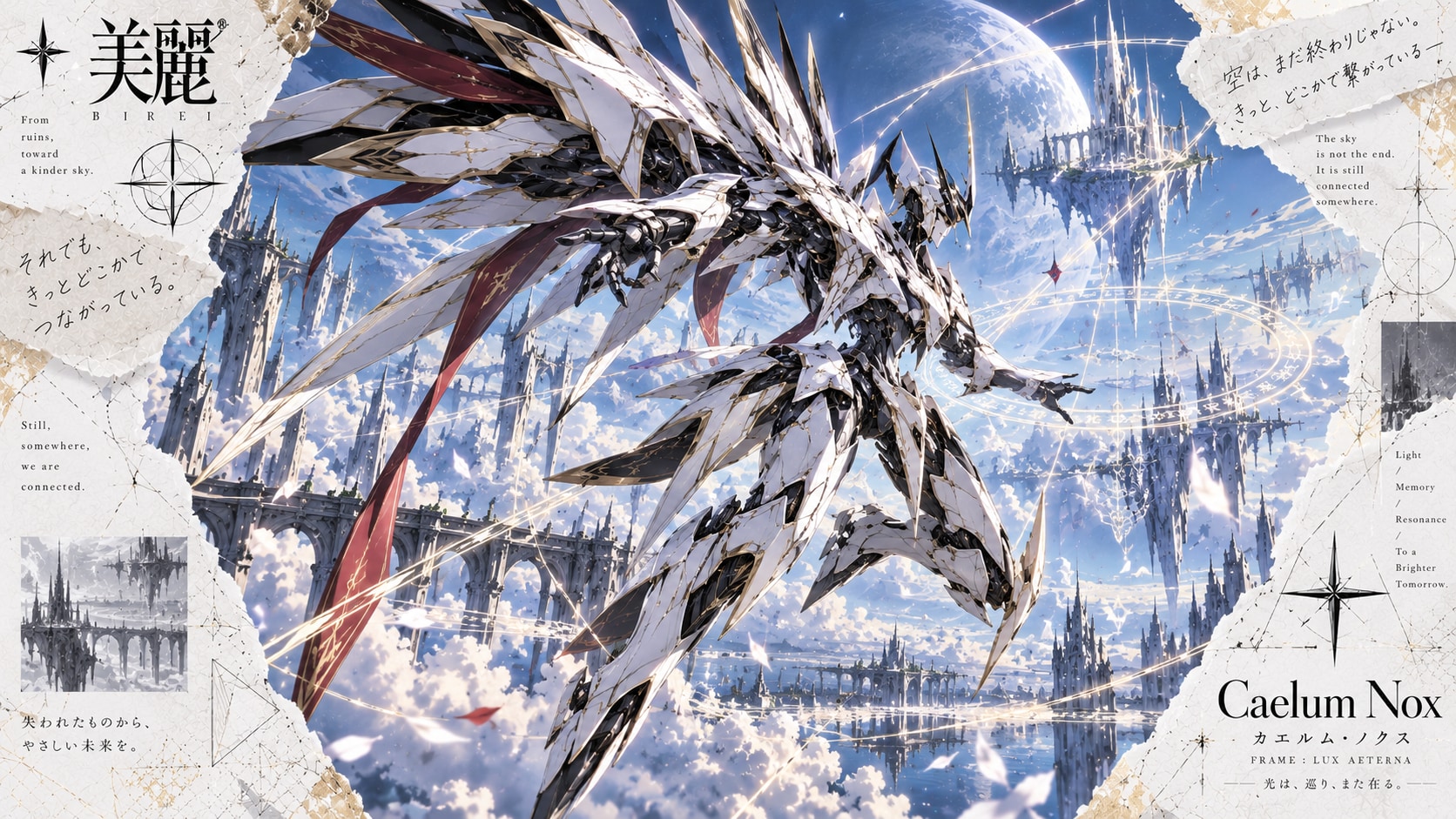 Caelum Nox — Frame: Lux Aeterna  From ruins, toward a kinder sky.  Above the cloudsea, a white-plati | の人気AIイラスト・グラビア