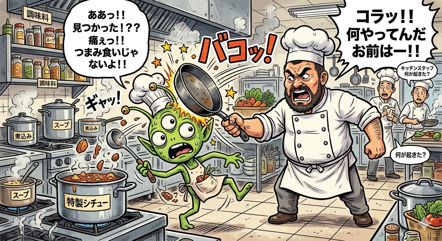つまみ食い見つかる宇宙人