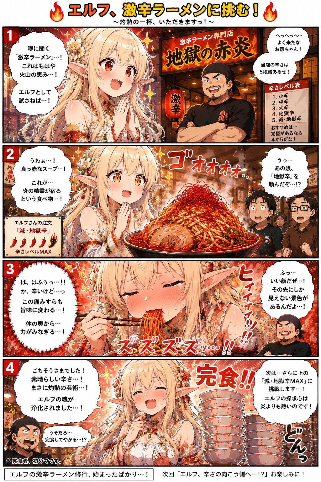 ラーメンを食べるエルフの女の子