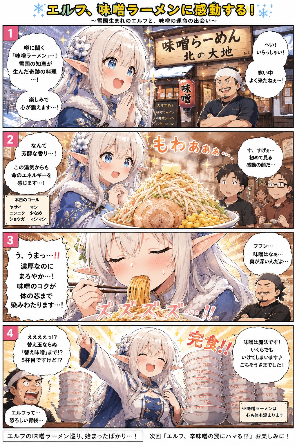 ラーメンを食べるエルフの女の子