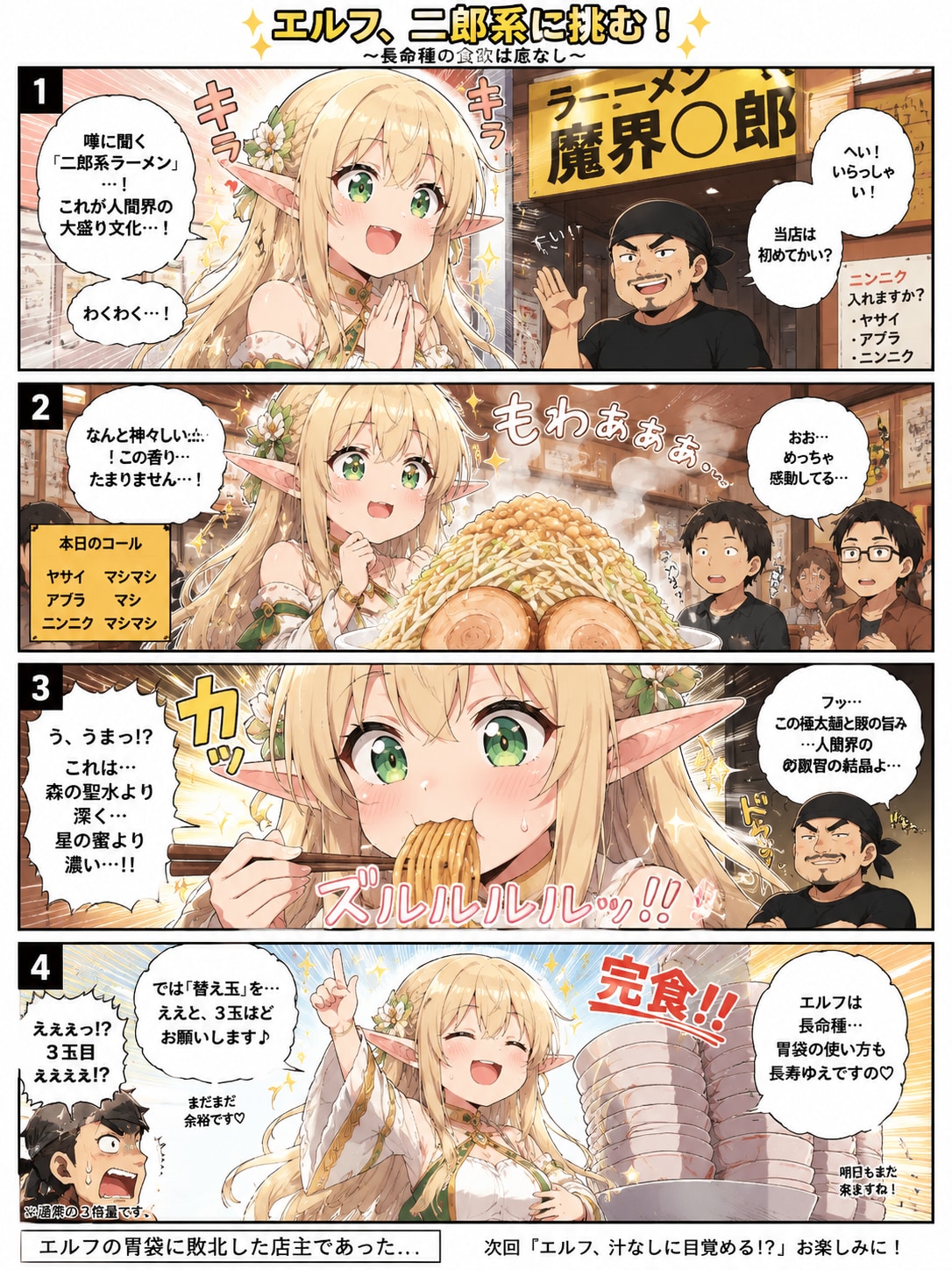 ラーメンを食べるエルフの女の子
