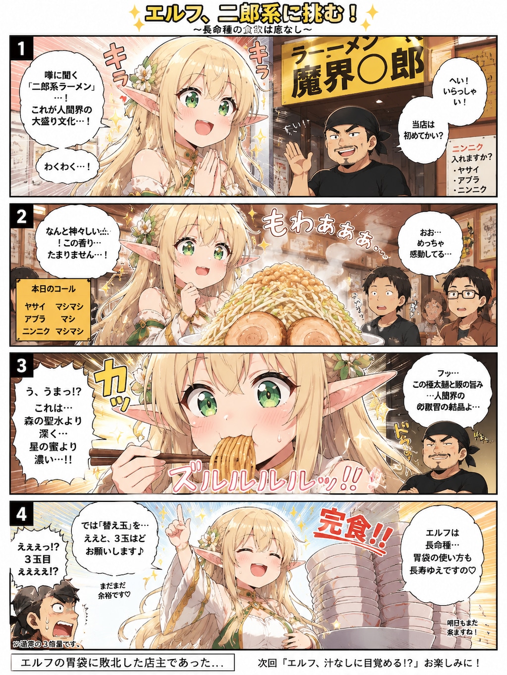 ラーメンを食べるエルフの女の子