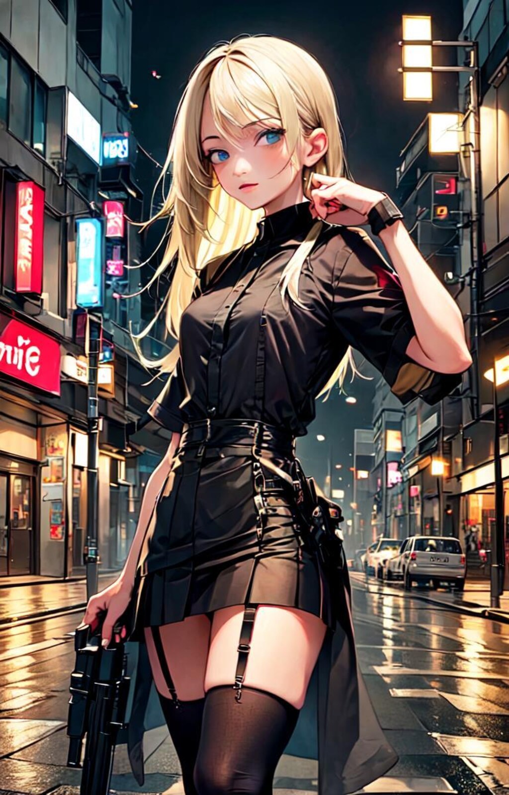 夜の街の金髪少女