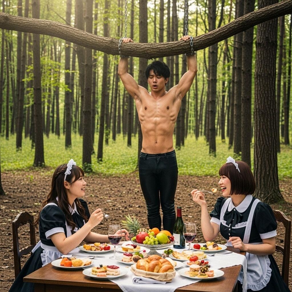 屋外でマッチョを捕らえて食事するメイド