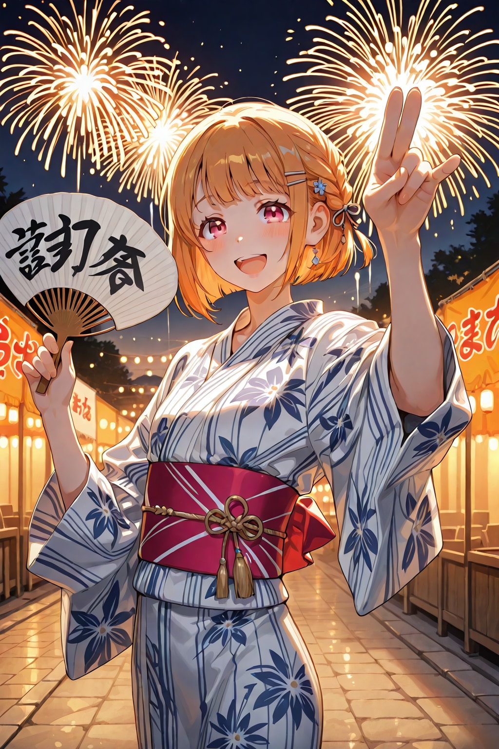 花火をバックにポーズ