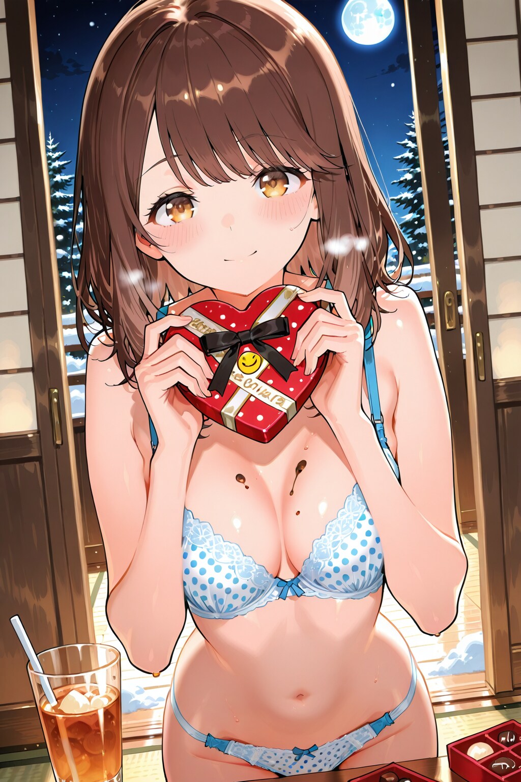 下着姿の心実とチョコレート