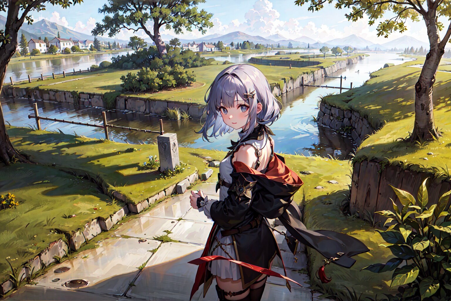 振り返る女の子と遠景