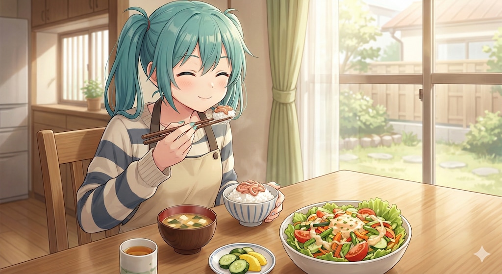 今日の昼飯はイカの塩辛とサラダです