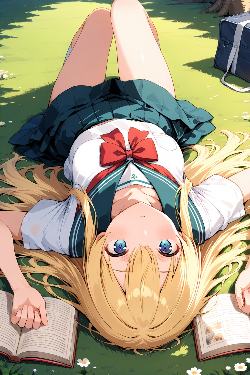 木陰で本を読む女の子