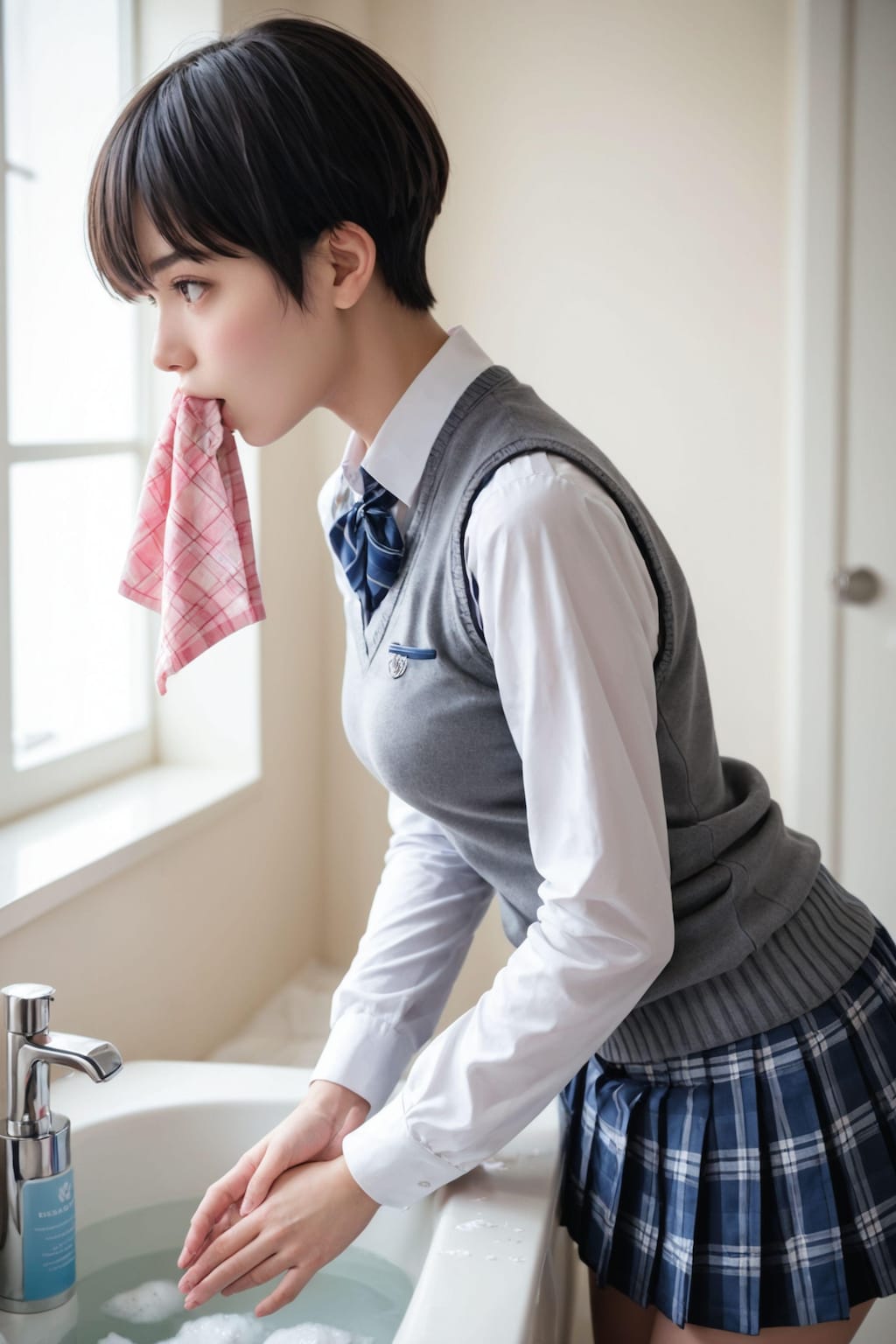 チャレンジ！「ハンカチを咥えて手を洗う女子」