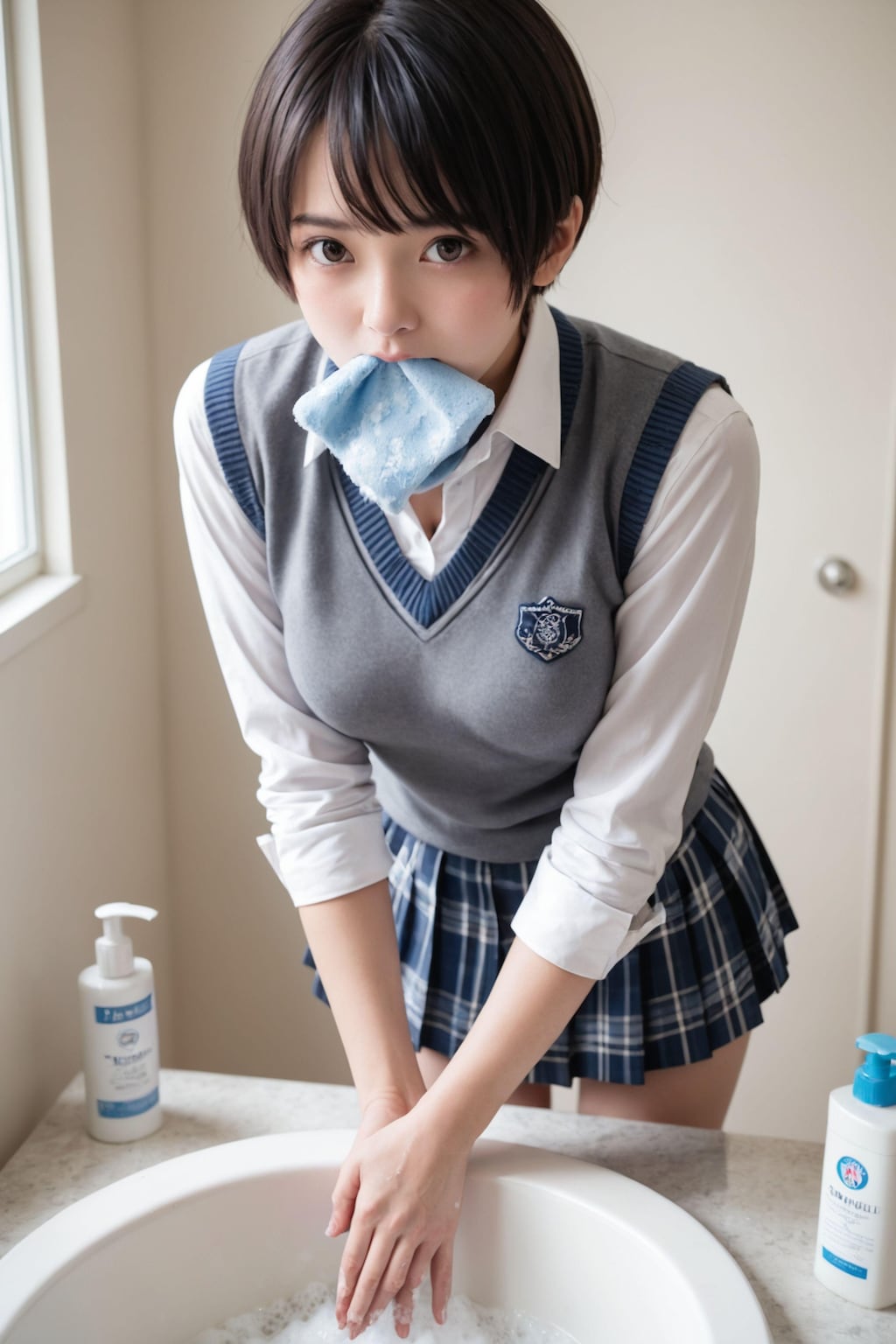 チャレンジ！「ハンカチを咥えて手を洗う女子」