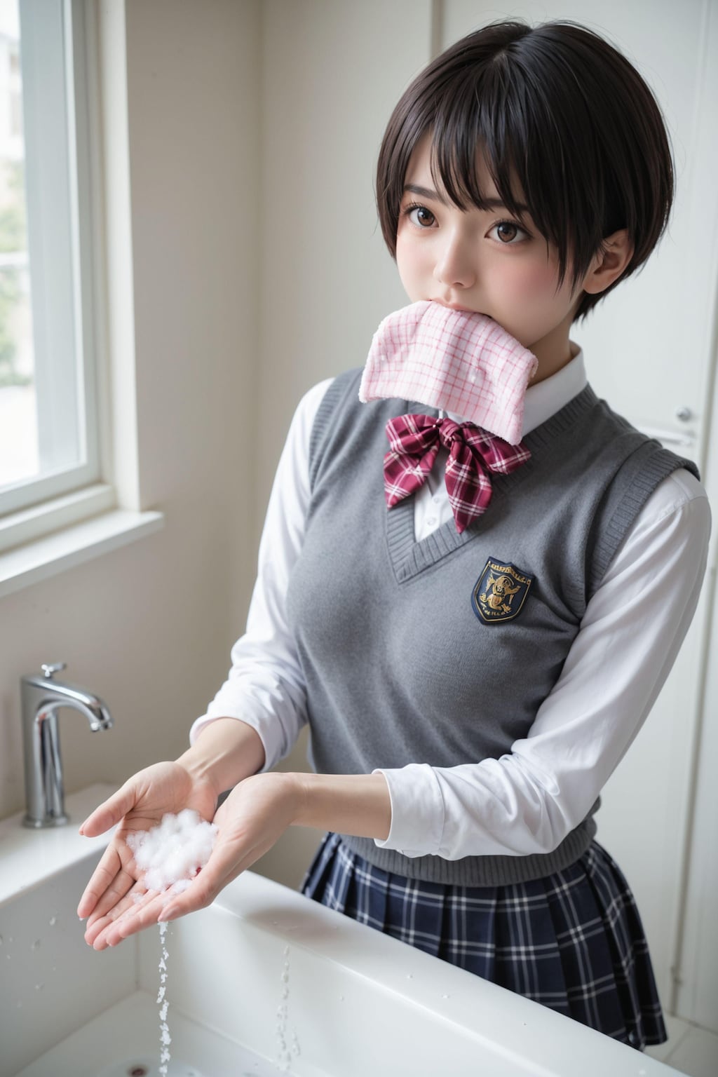 チャレンジ！「ハンカチを咥えて手を洗う女子」