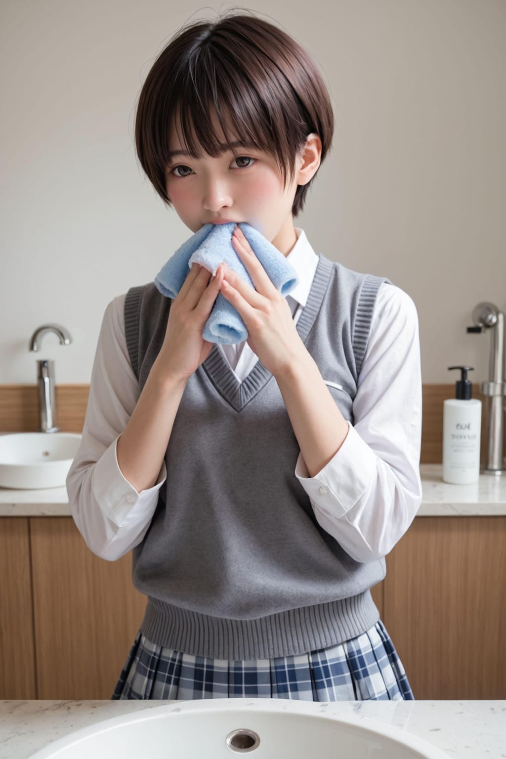 チャレンジ！「ハンカチを咥えて手を洗う女子」