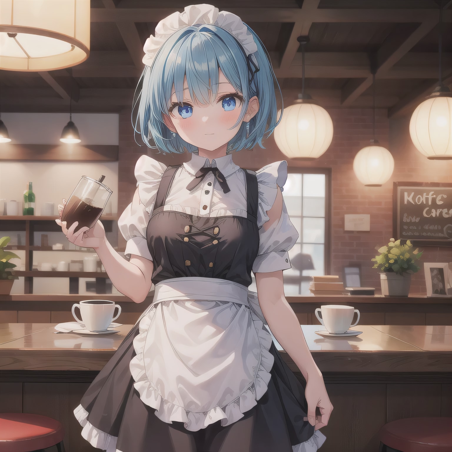 青髪ボブでカフェの少女 | の人気AIイラスト・グラビア