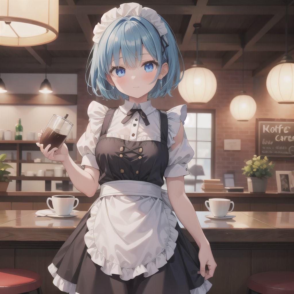 青髪ボブでカフェの少女