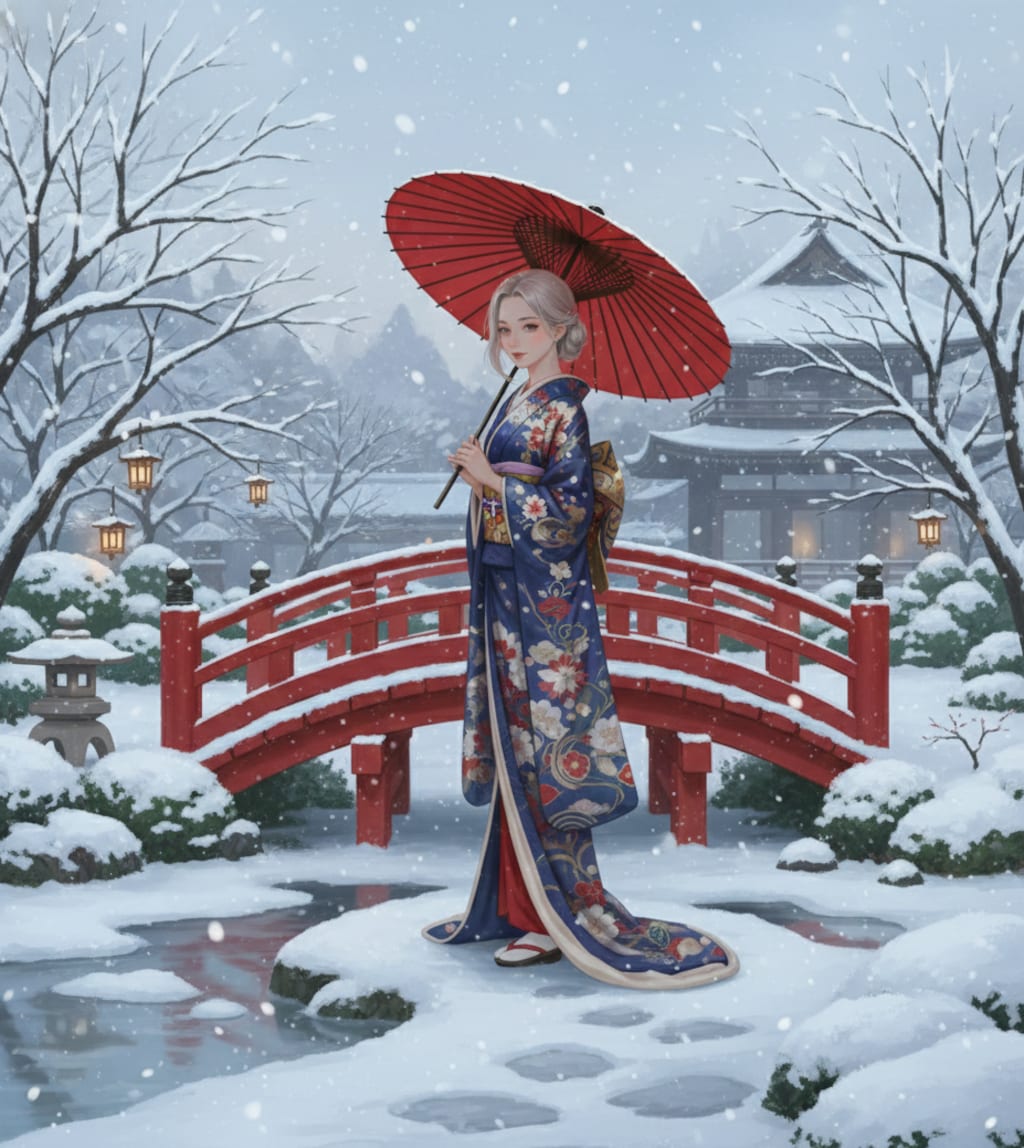 雪景色の着物美人