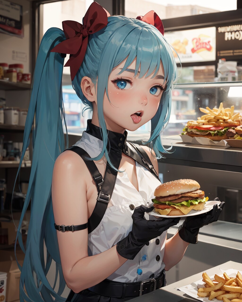 ハンバーガーを食べ