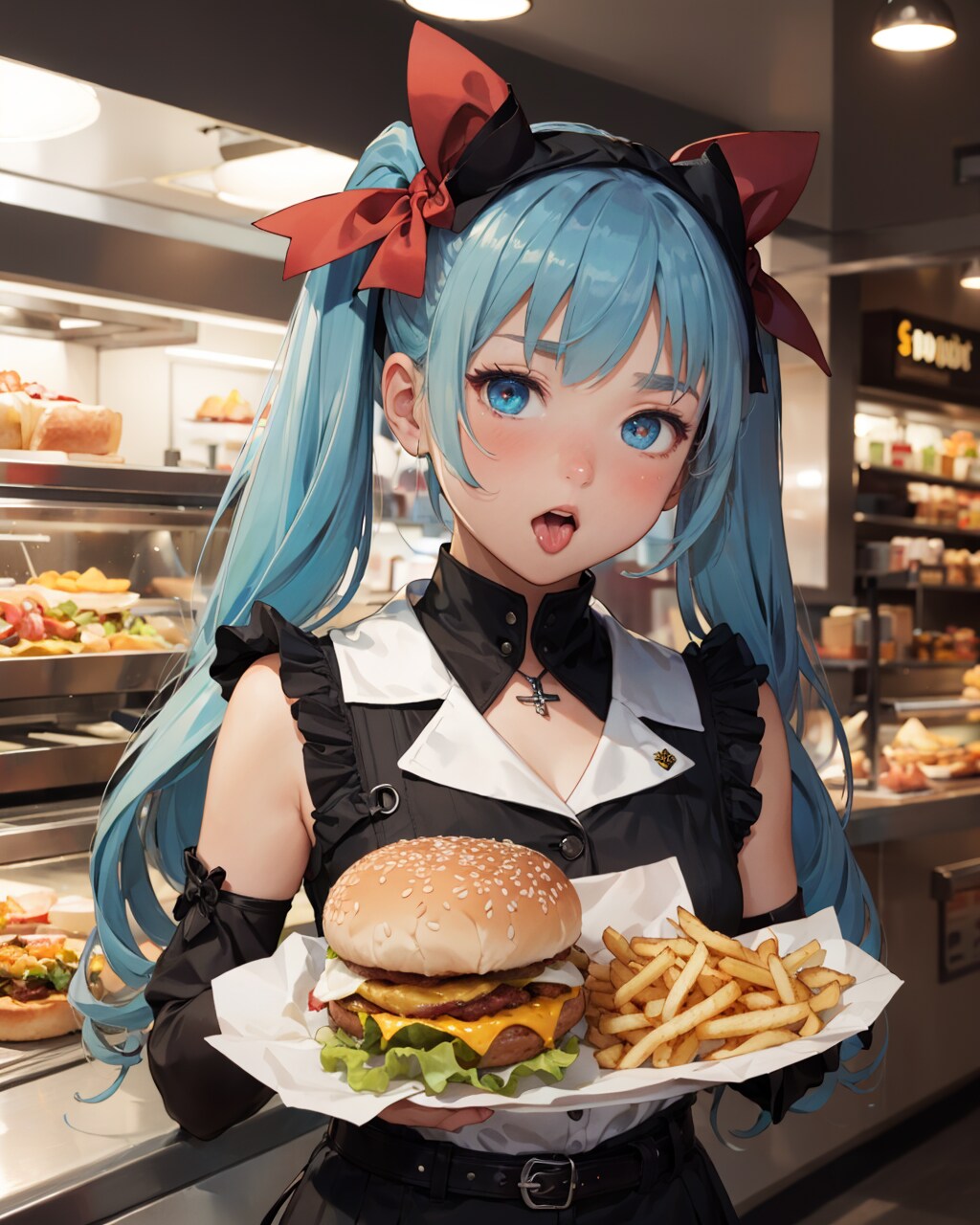 ハンバーガーを食べ