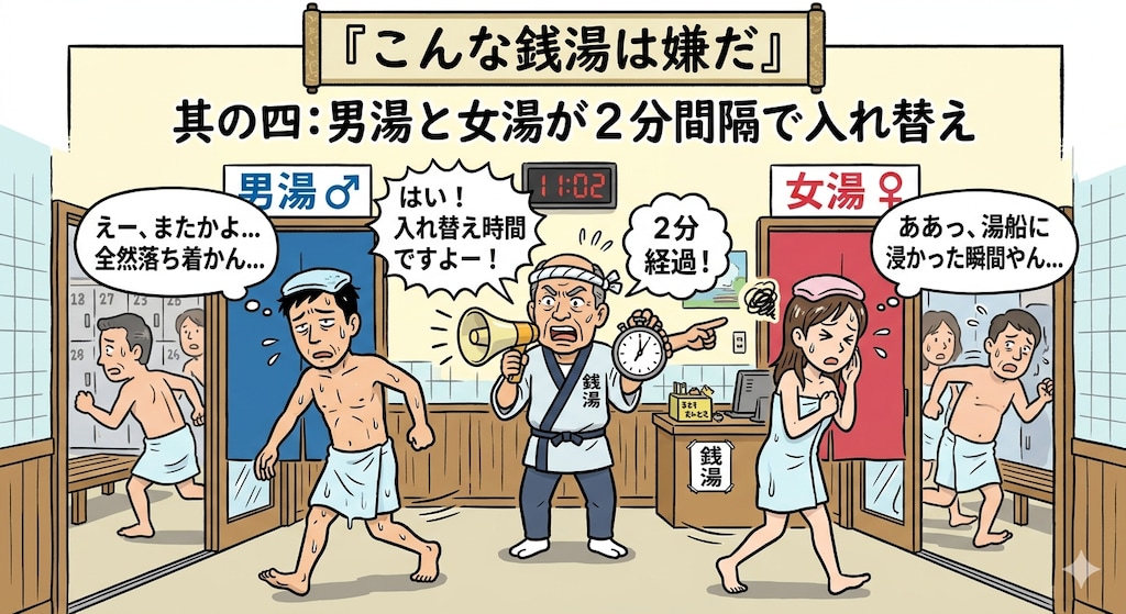 こんな銭湯は嫌だ"男湯と女湯が２分で入れ替えだ"
