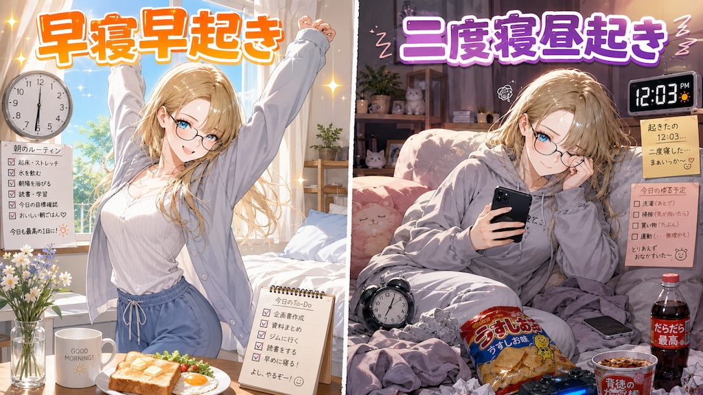 早寝早起き→二度寝昼起き