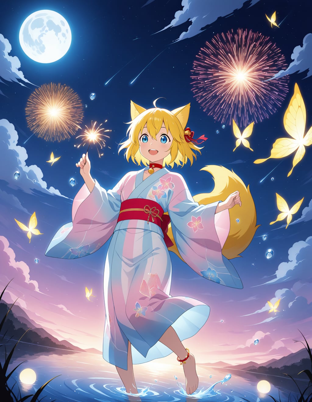 たやすく折れそうな細い小枝にしか見えない線香花火を真上に向け夜空に咲く大輪の花と共演するキツネ