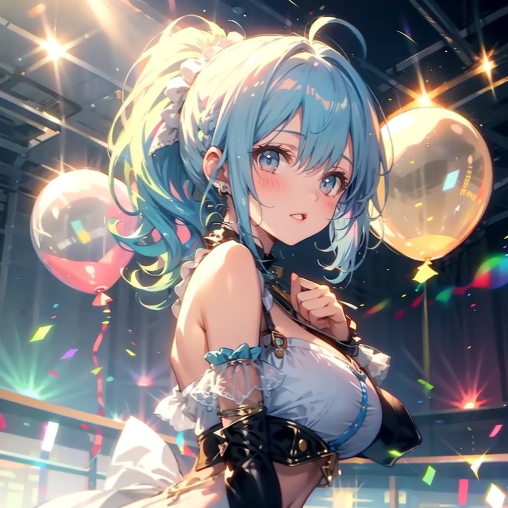 いっぱい色とりどりの風船を持つ水色髪ポニーテールのアイドル衣装着た美少女