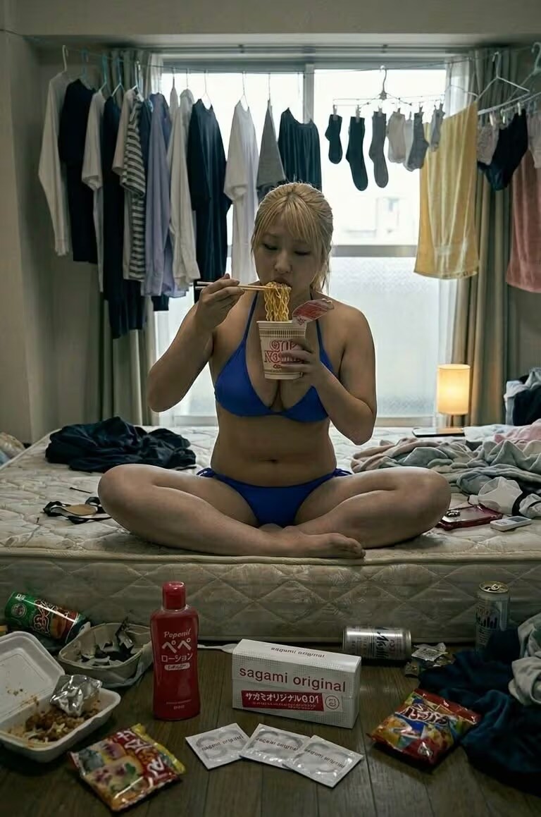 散らかる部屋でカップ麺食べてるビキニお姉さん