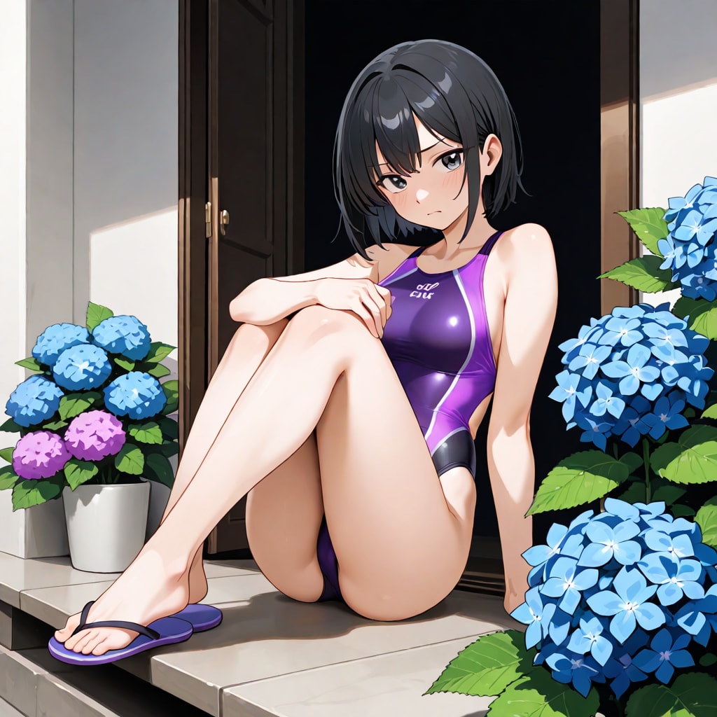紫陽花の花と競泳水着の少女