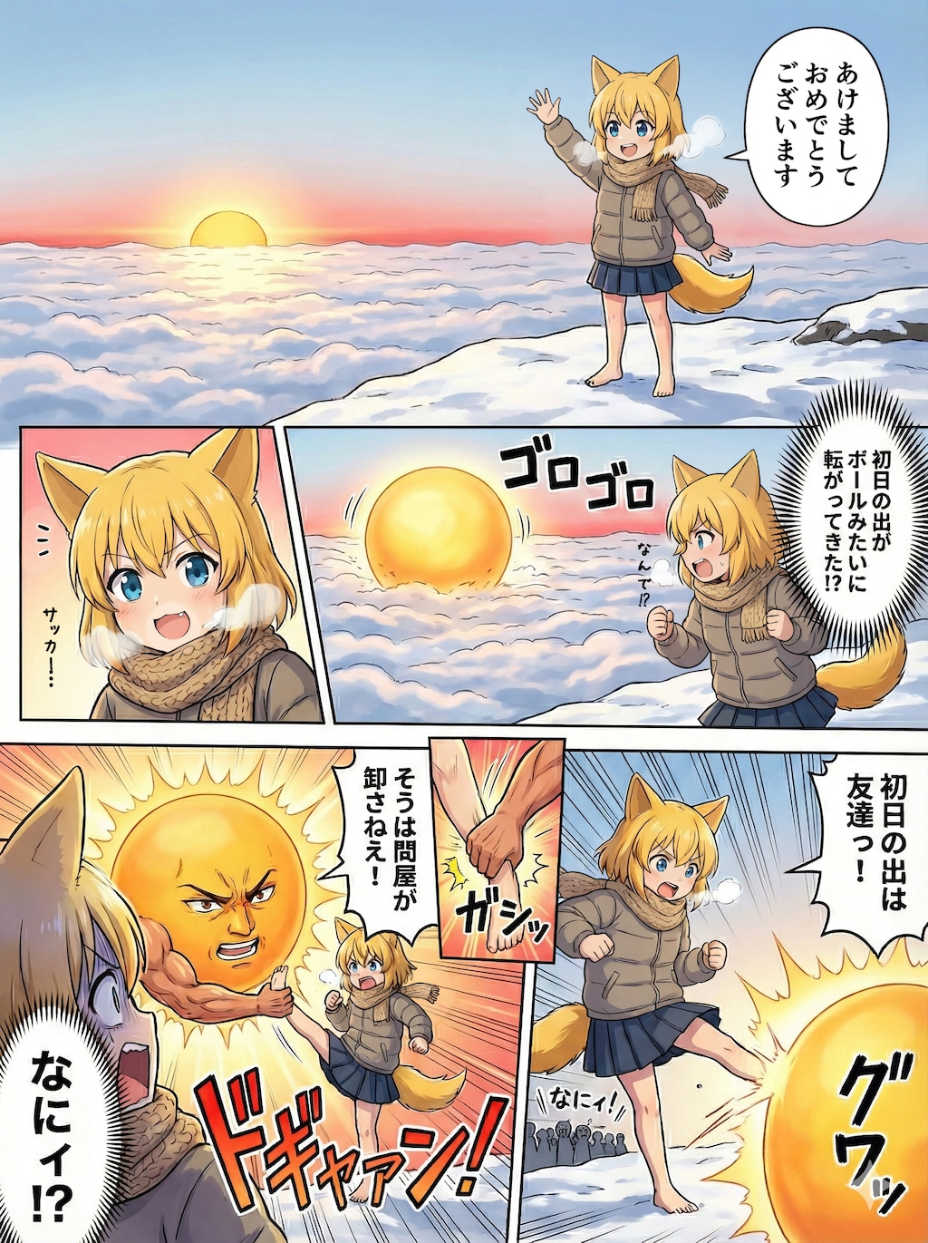 転がってきた初日の出がサッカーボールに見えてきてどうしても蹴らずにはいられなくなったキャプテンキツネ