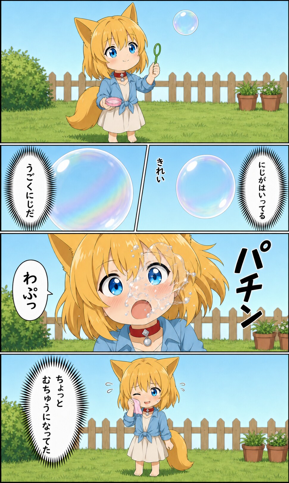 七色のシャボン玉に見とれるキツネ