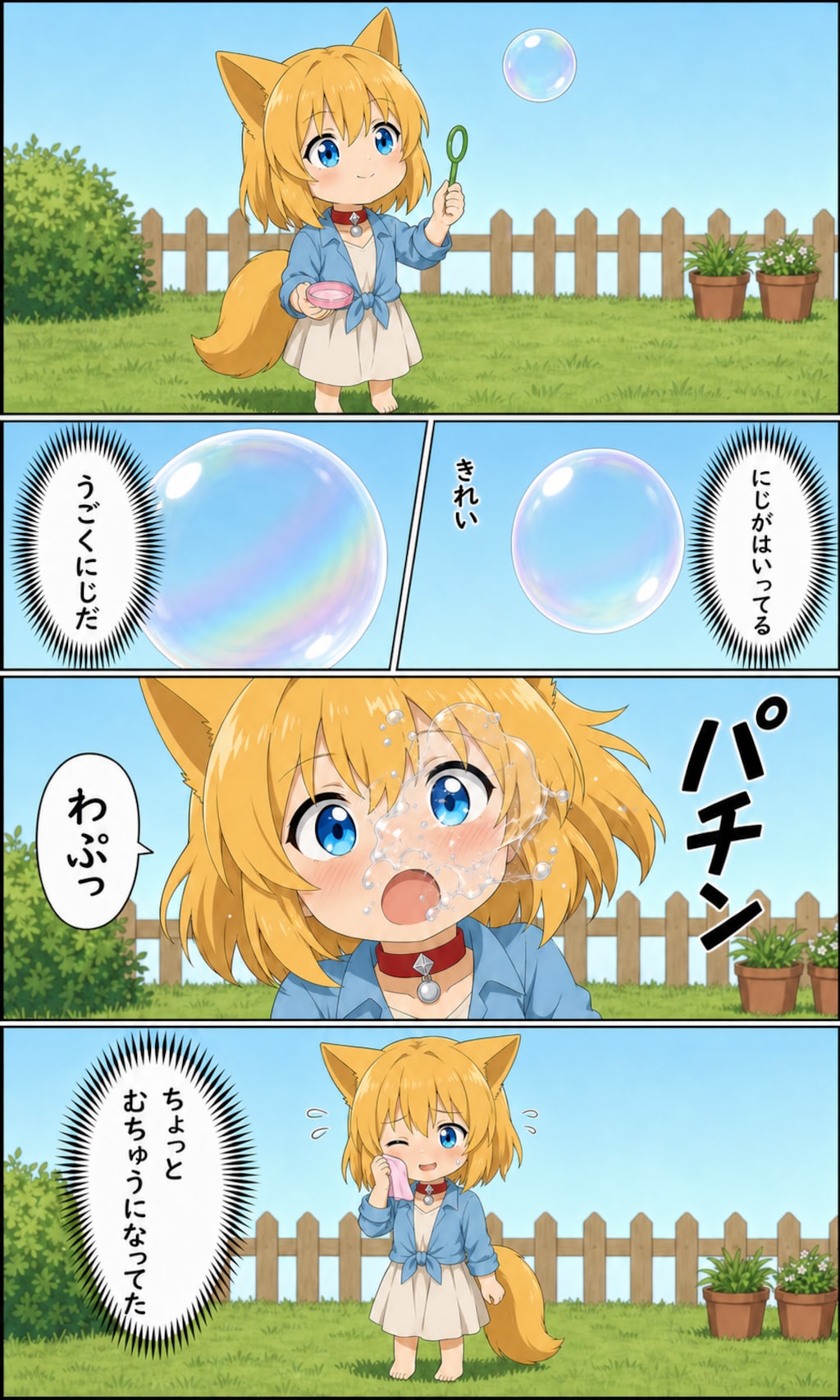 七色のシャボン玉に見とれるキツネ