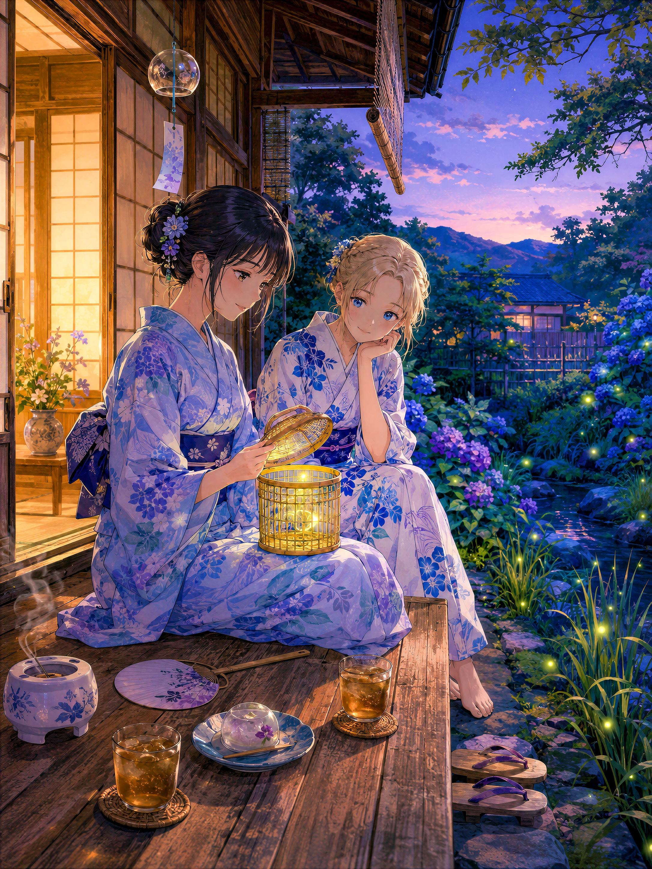 蛍籠をそっと開く夏の縁側