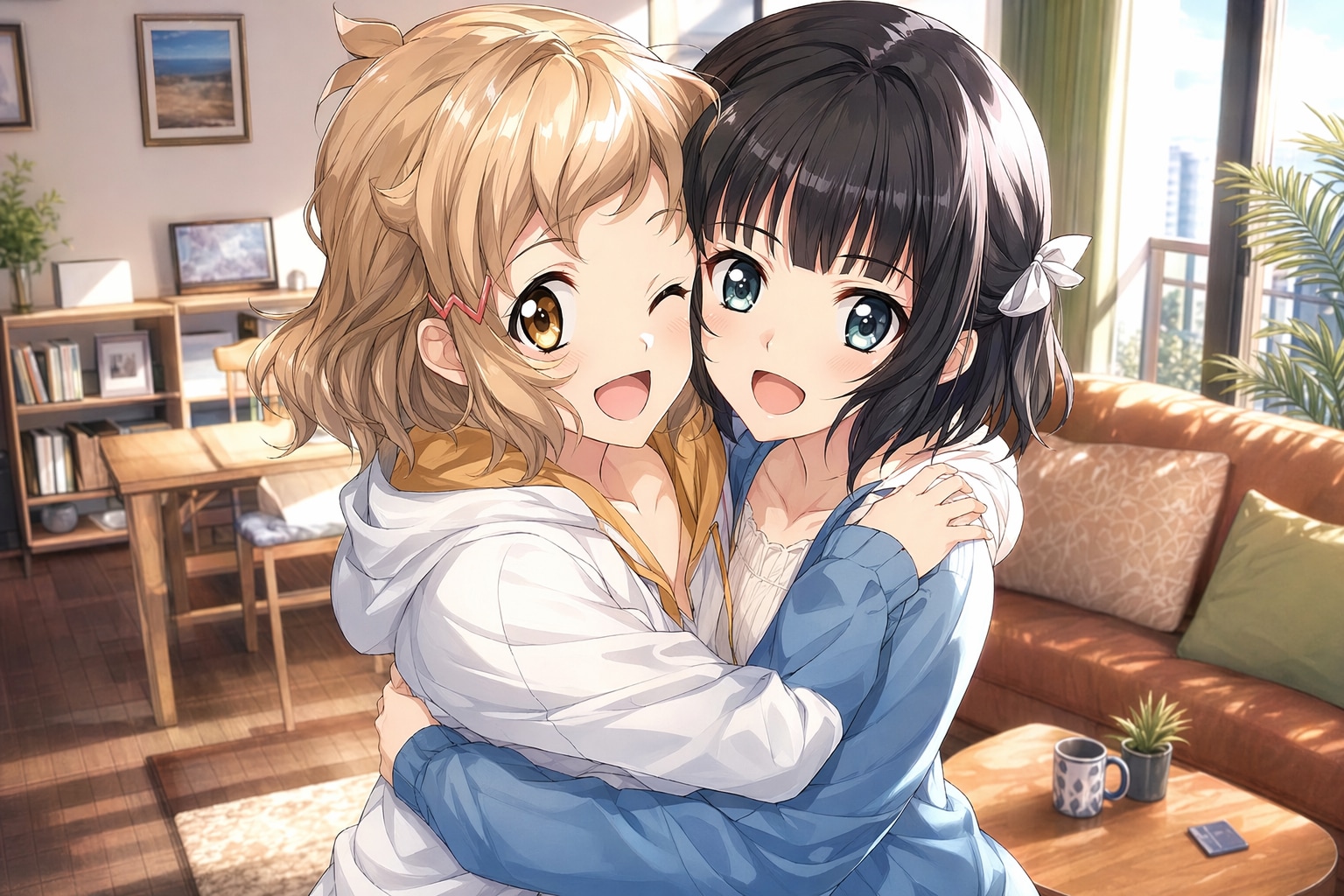 笑顔で抱き合う立花響と小日向未来 | の人気AIイラスト・グラビア