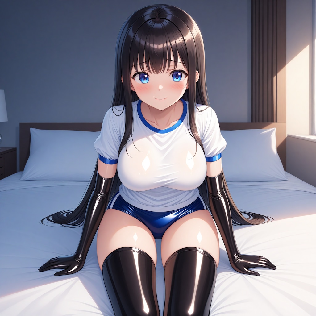 エナメル体操服青ブルマ黒長手袋サイハイソックス
